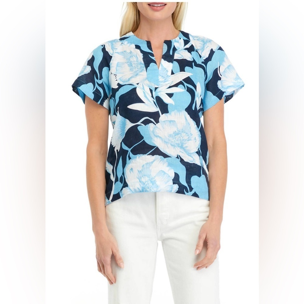 Elie Tahari Women 100% Linen Floral V-Neck Top Size 2X in Blue and White